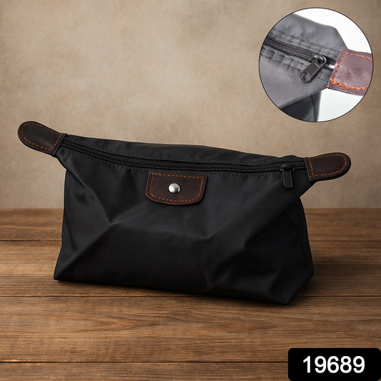 Waterproof multipurpose travel organizer pouch in black with brown detailing