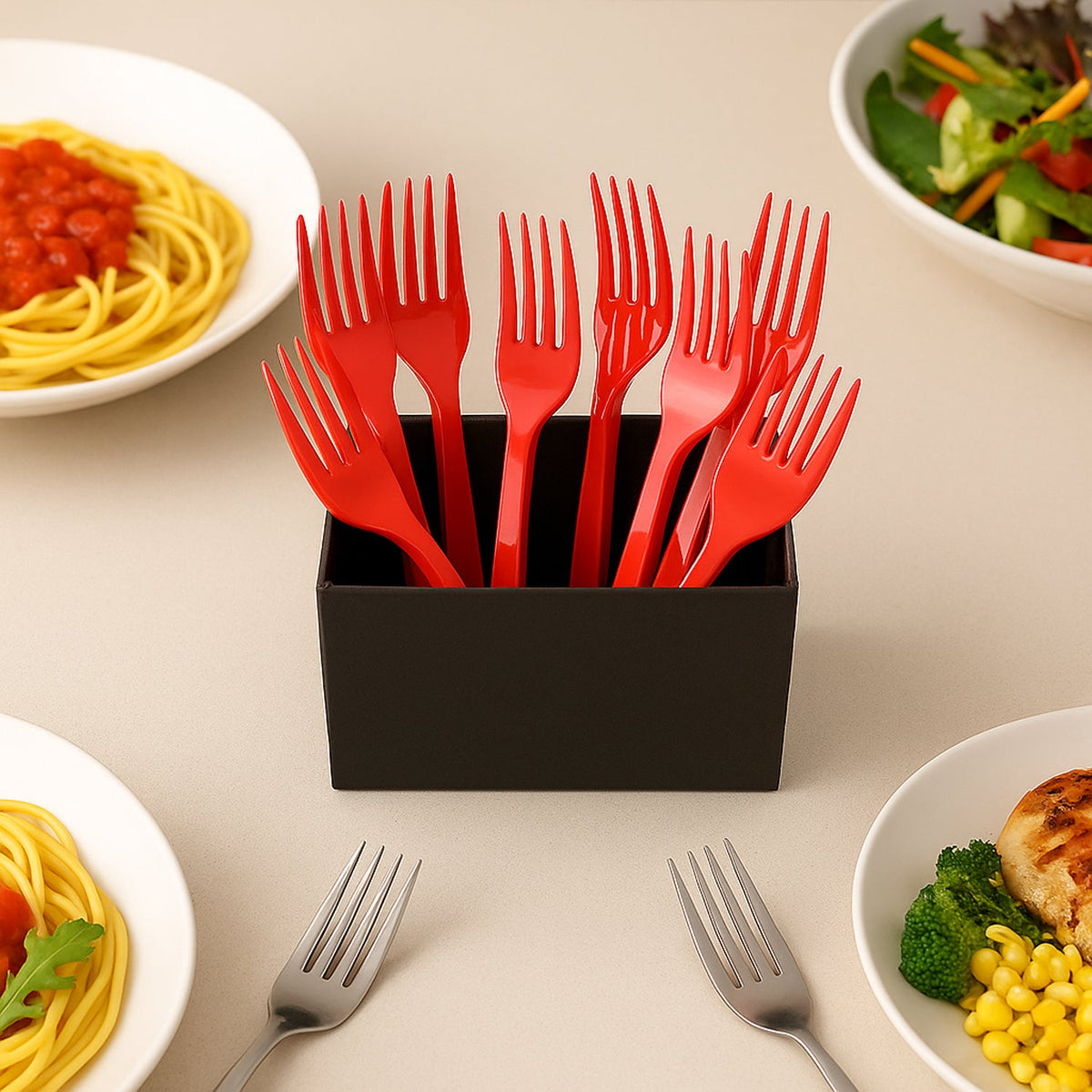 Pack of 8 red disposable plastic forks neatly arranged