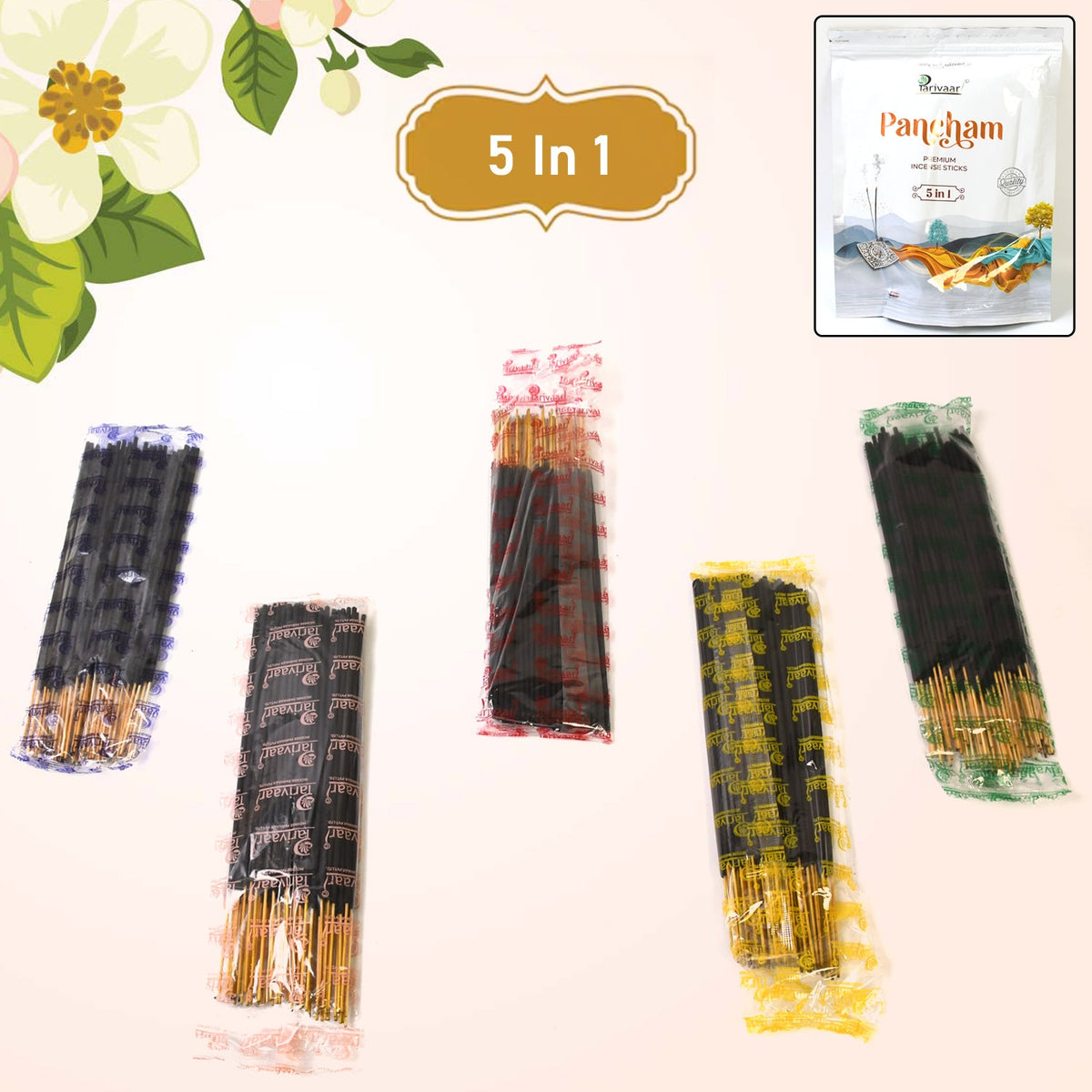 5in1 Pancham Premium Incense Sticks 450g package with vibrant design.