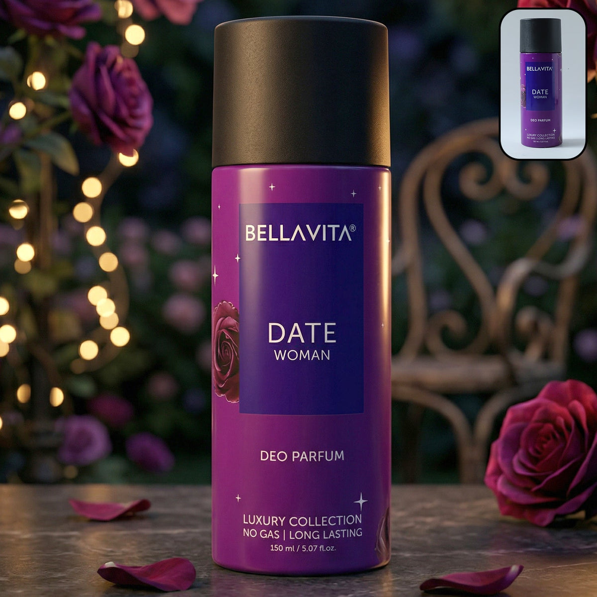 Close-up of Bellavita Deo perfume spray bottle in elegant design