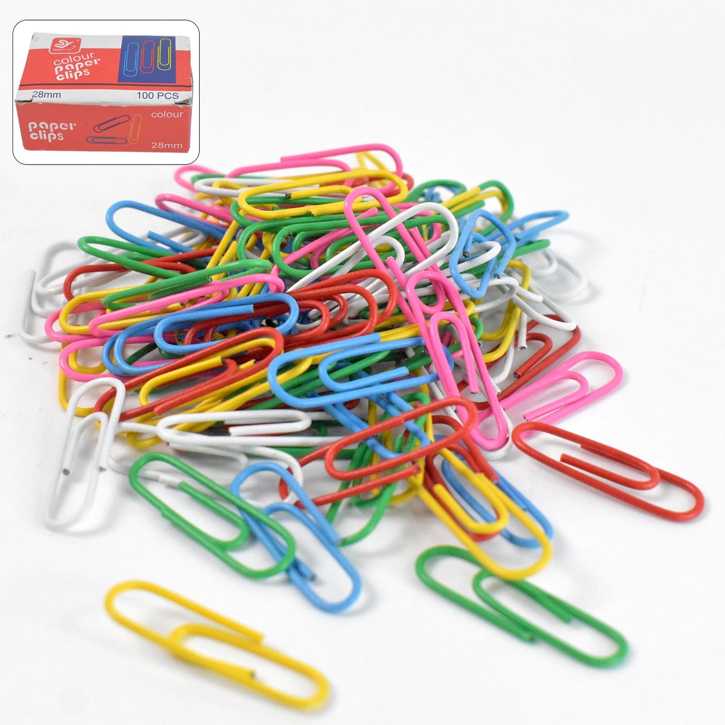 Close-up on a single 28mm U-shape paper clip showing metal detail and size