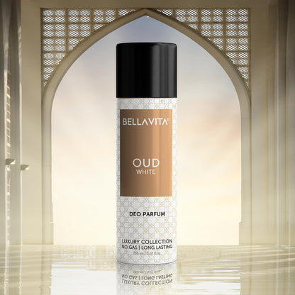 Bellavita Oud White Deo Perfume Body Spray in stylish packaging