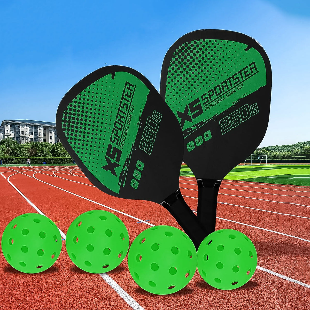 Two lightweight composite pickleball paddles paired with four perforated hard plastic balls
