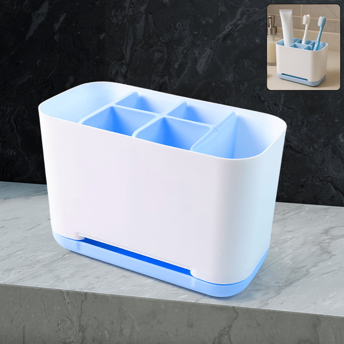 Multi-compartment toothbrush holder stand organizing various bathroom essentials