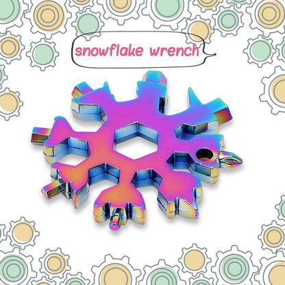 Close-up of the 18-in-1 Snowflake Multi-Tool, highlighting its various integrated wrench and screwdriver functions.