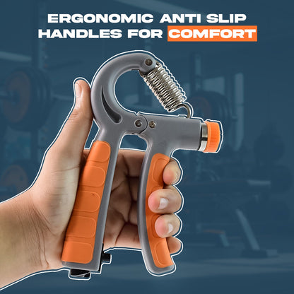 Hand grip strengthener showing built-in mechanical counter for tracking reps