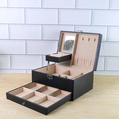 Compact jewellery organizer box showcasing its full-width sliding drawer.