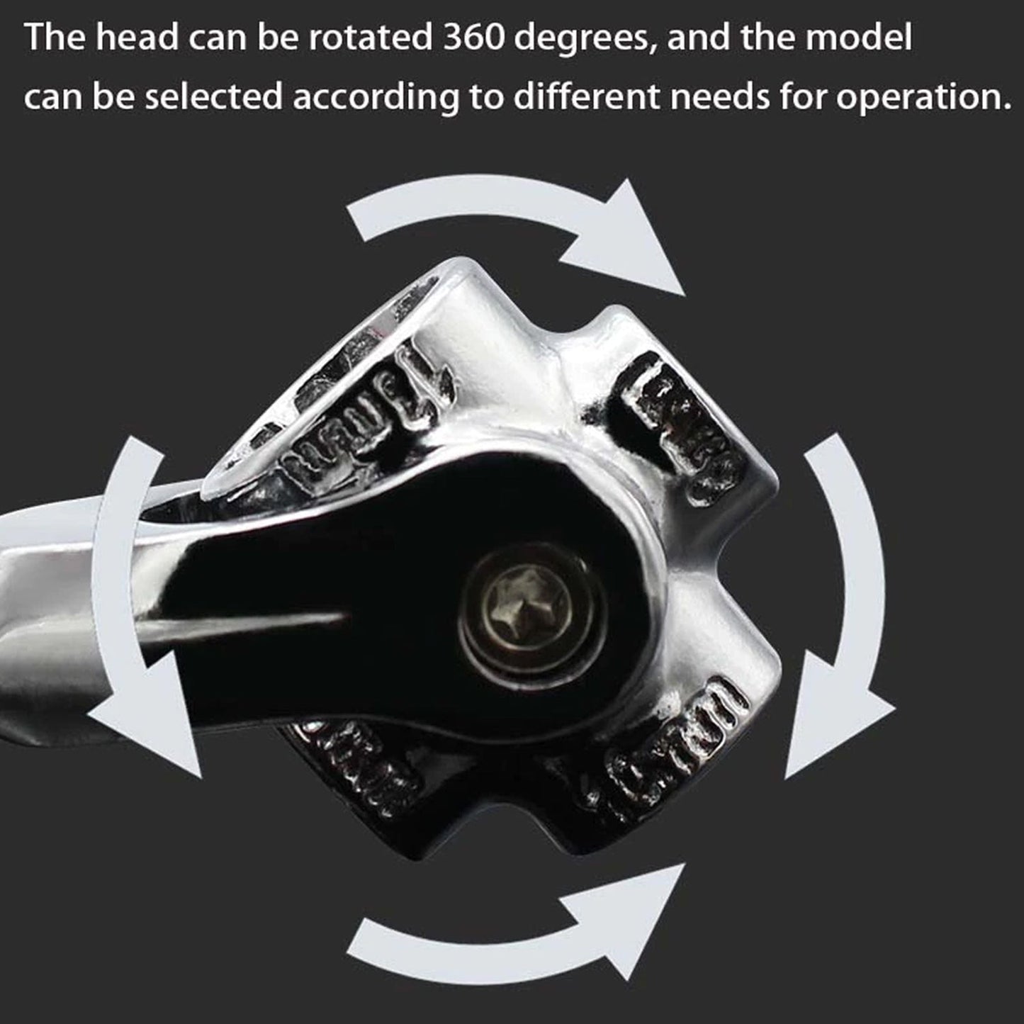 Universal wrench with an adjustable swivel head, perfect for quick repairs.