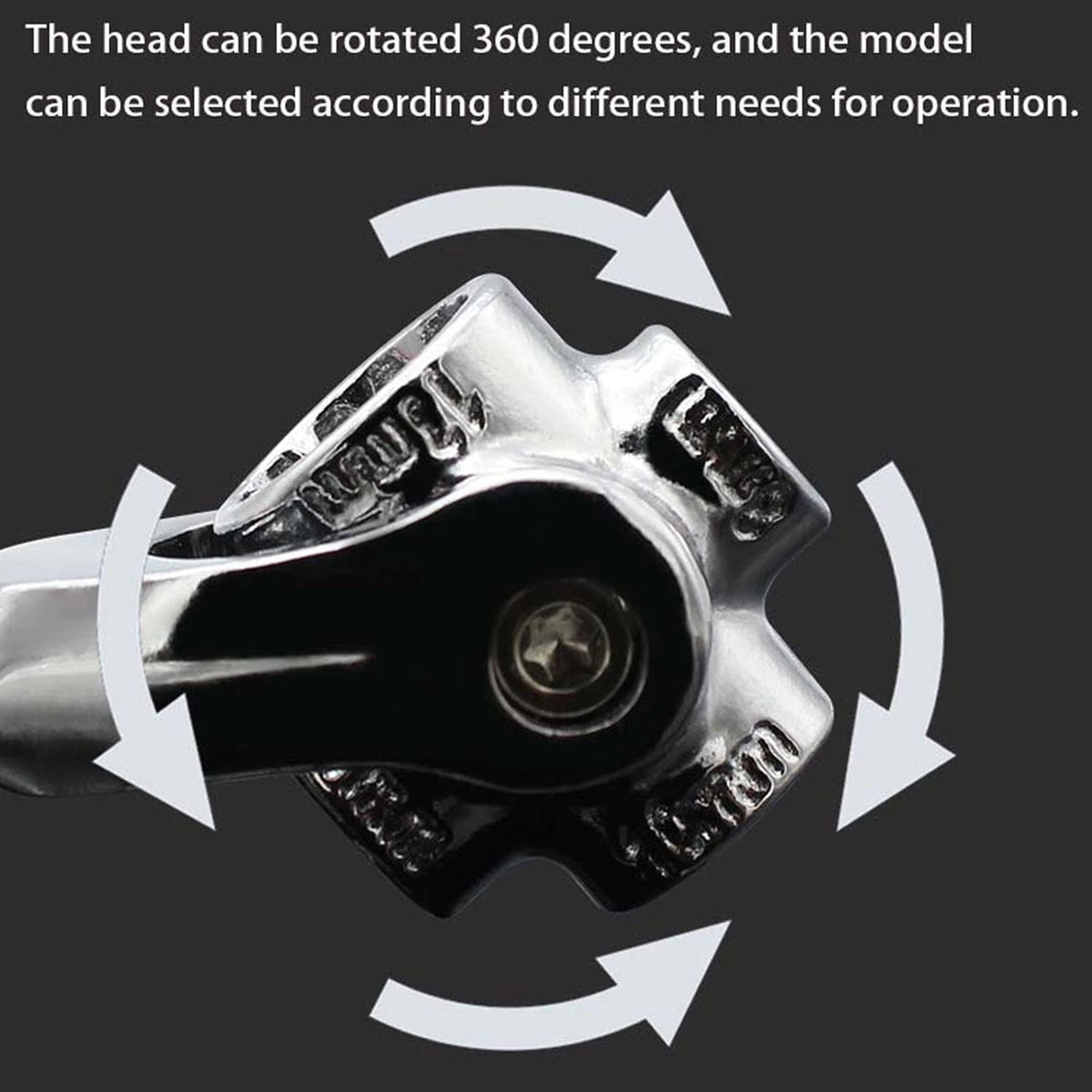 Universal wrench with an adjustable swivel head, perfect for quick repairs.