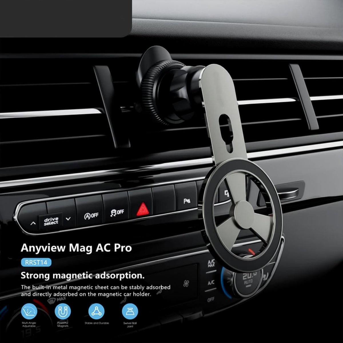 Close-up of the magnetic car phone mount's strong attachment to the air vent.