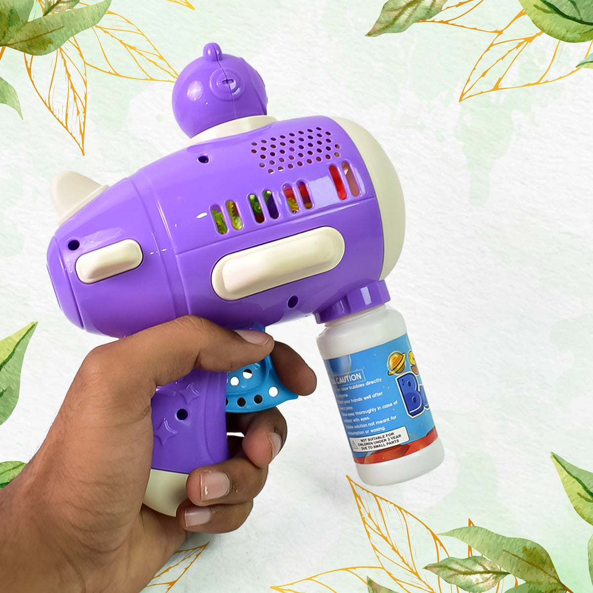Front view of the space bubble gun toy with LED lights, appealing to kids.