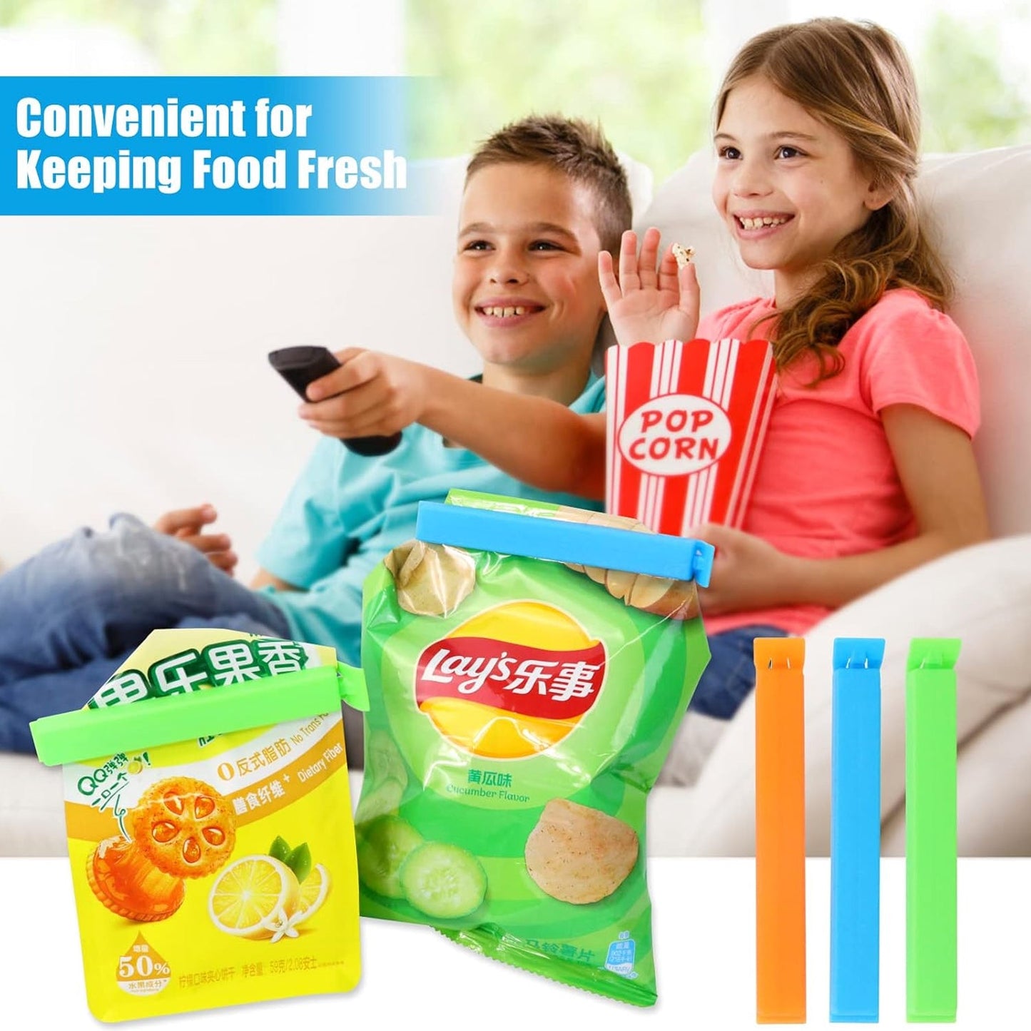 An 18-piece set of multi-colored snack bag clips for kitchen food storage.