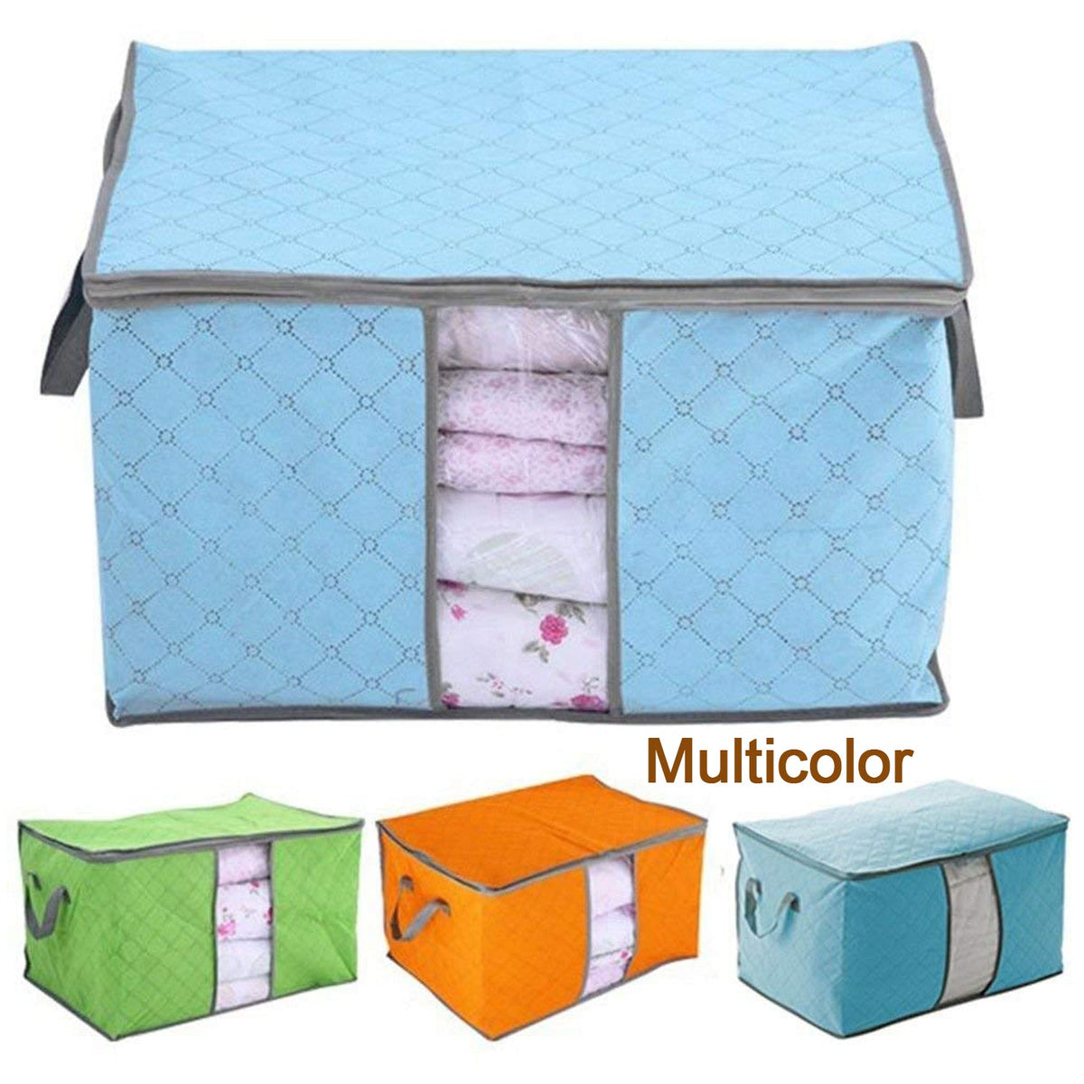 Person carrying the quilted storage bag by its reinforced dual handles.