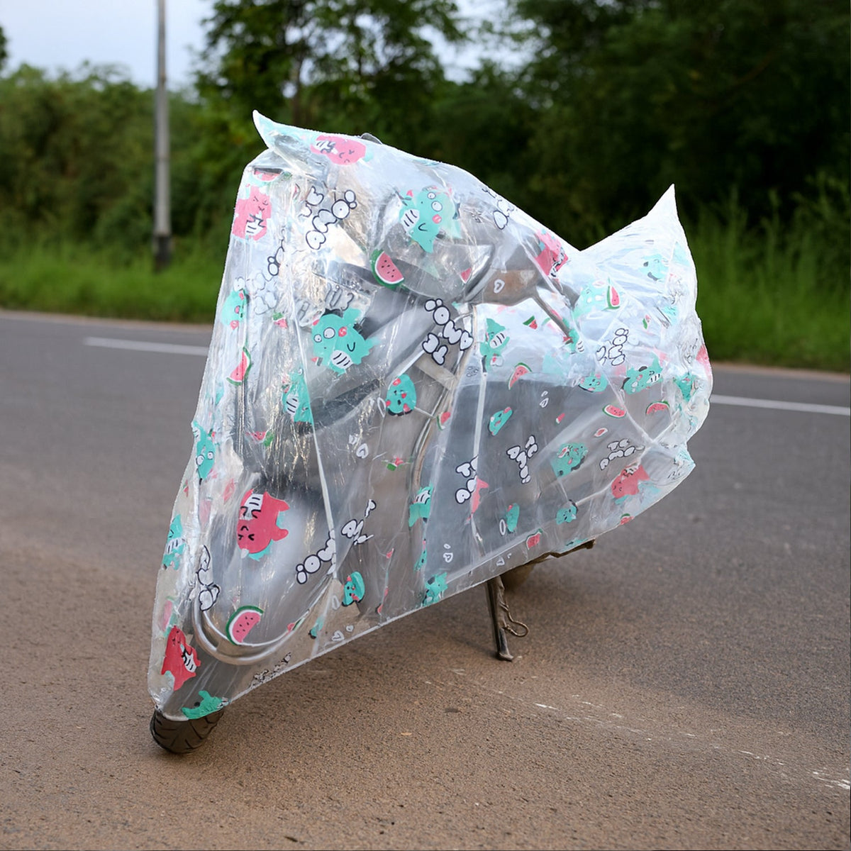 Bicycle rain cover showing full waterproof protection over bike seat and controls