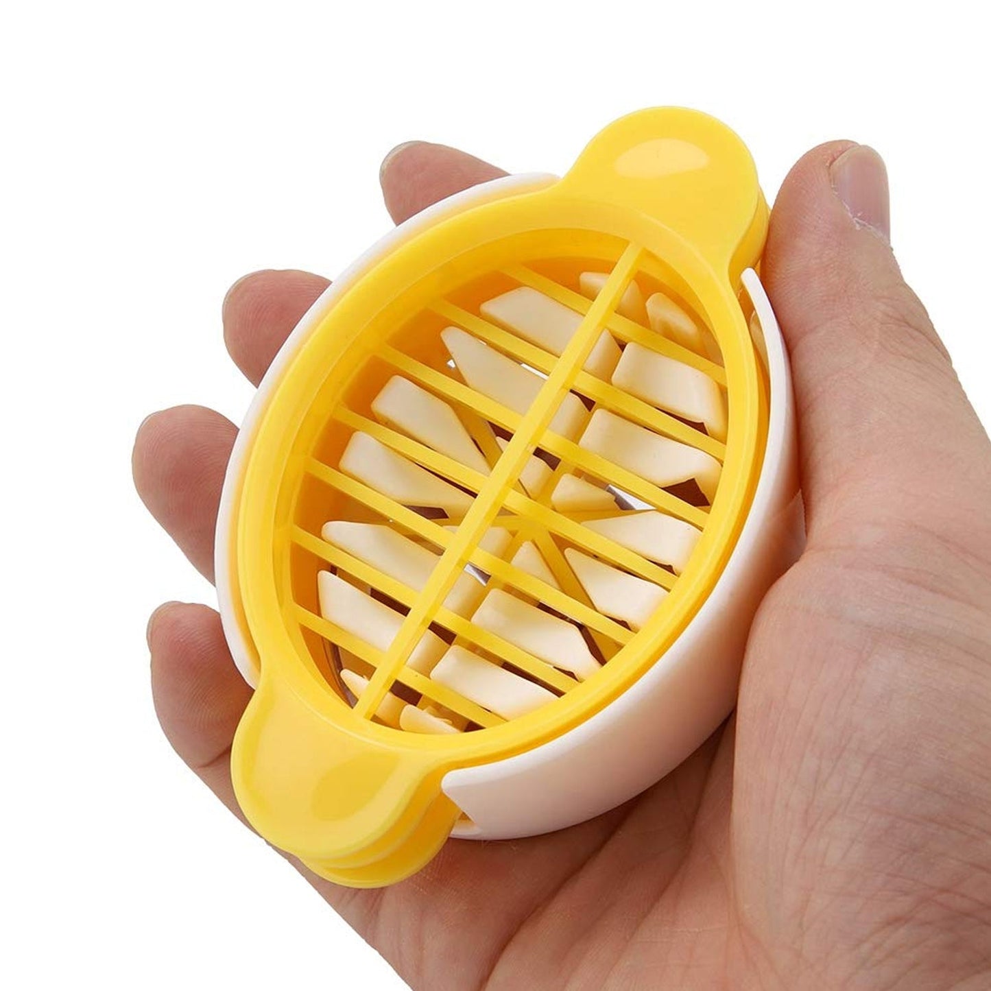 A person demonstrating the easy grip and operation of the Quickslice egg slicer.