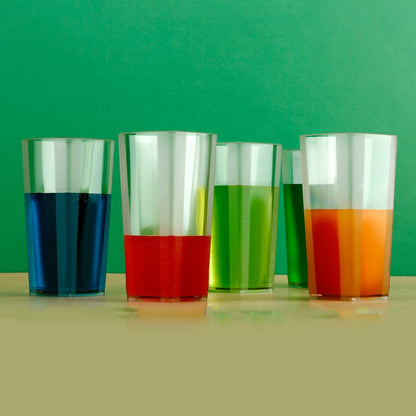 Close-up of a square plastic drinking glass.