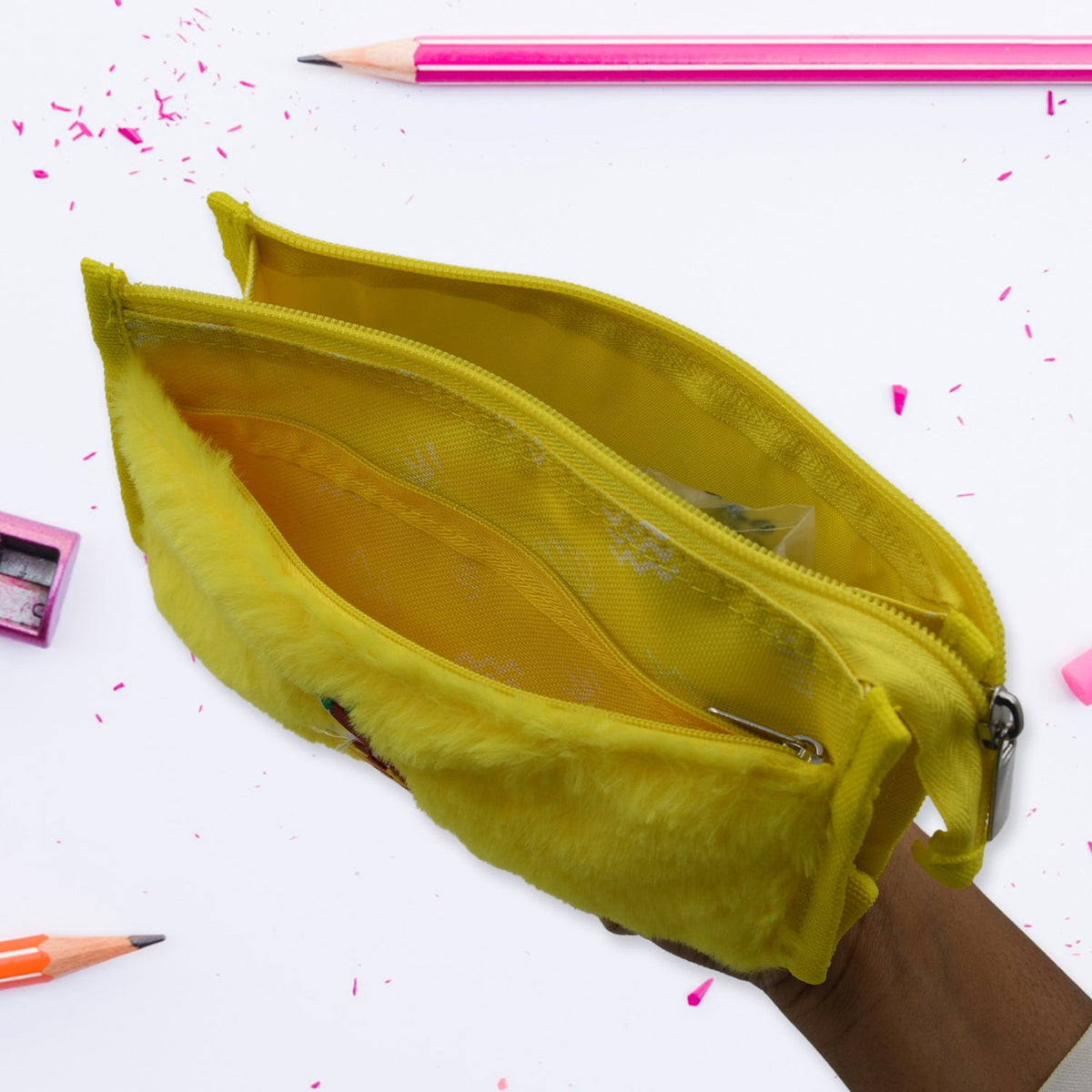 Stylish double pocket pouch on a desk, ideal for stationery organization.