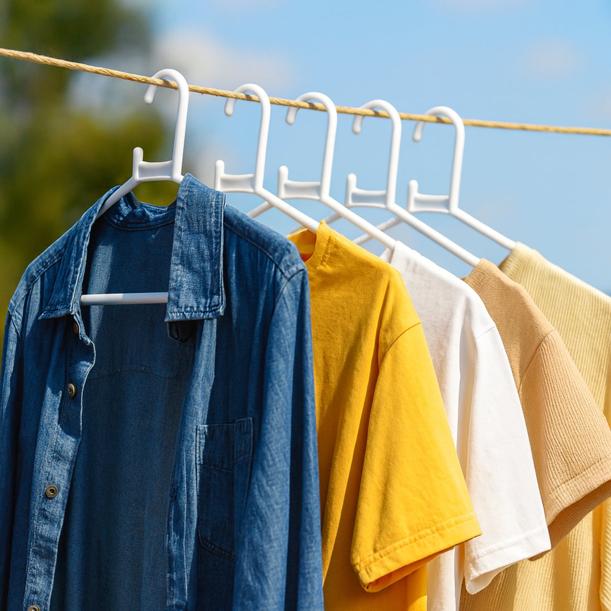 White plastic clothes hanger in practical use inside a closet