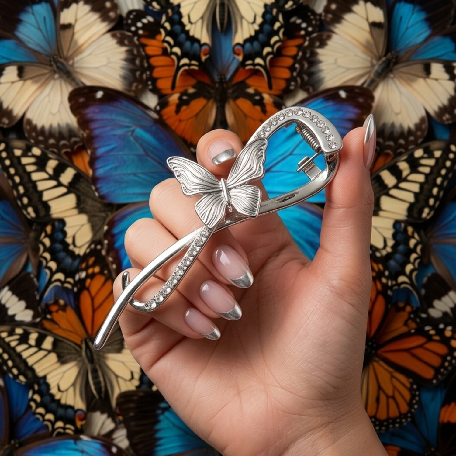 Elegant butterfly hair barrette accessory in metal with crystals