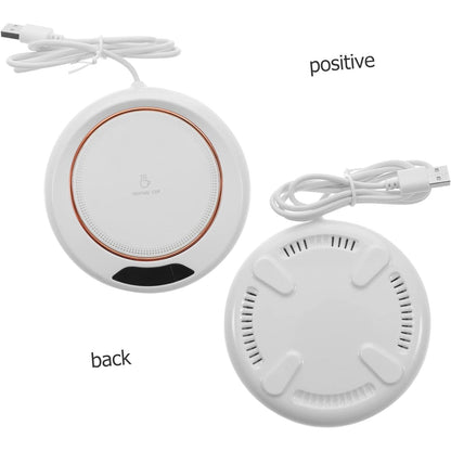 Top-down view of the sleek USB mug warmer with a ceramic cup.