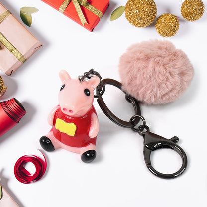 Fuzzy friends cartoon keychain with plush pom pom hanging for bag charm