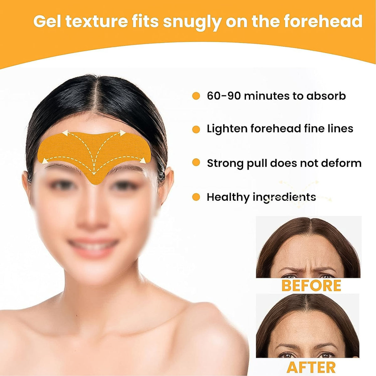 Infographic highlighting benefits of forehead wrinkle patches: reduces lines, smooths skin.