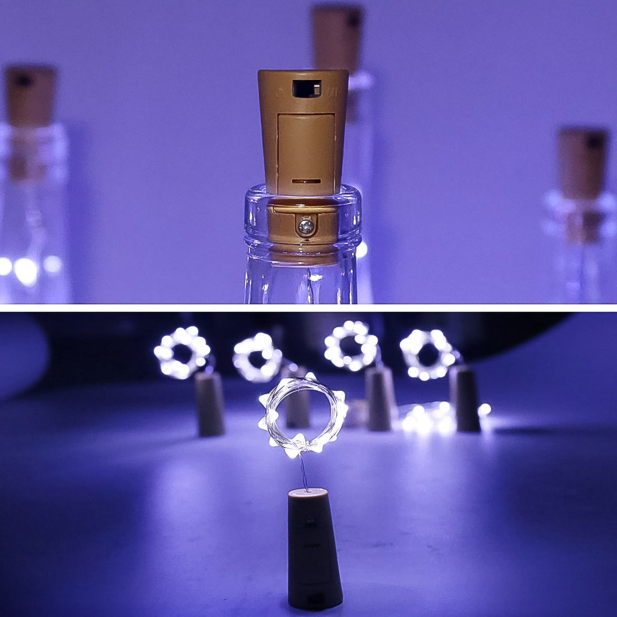 A glowing wine bottle cork string light with multi-color LEDs, perfect for festive decor.