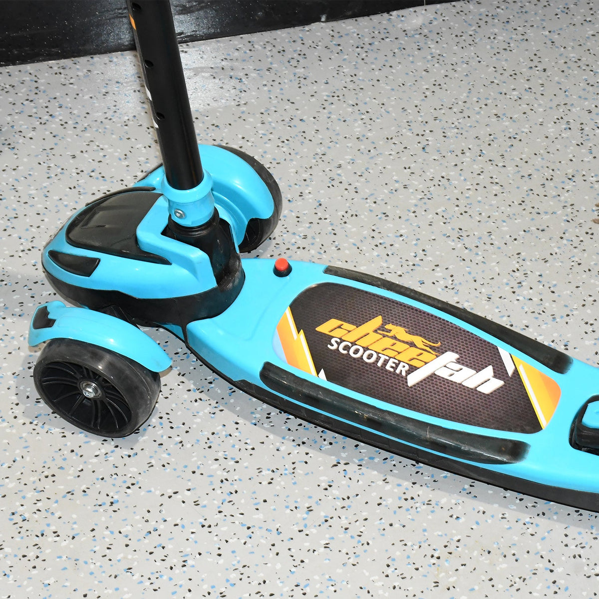 Close-up of sturdy kick scooter wheels designed for kids