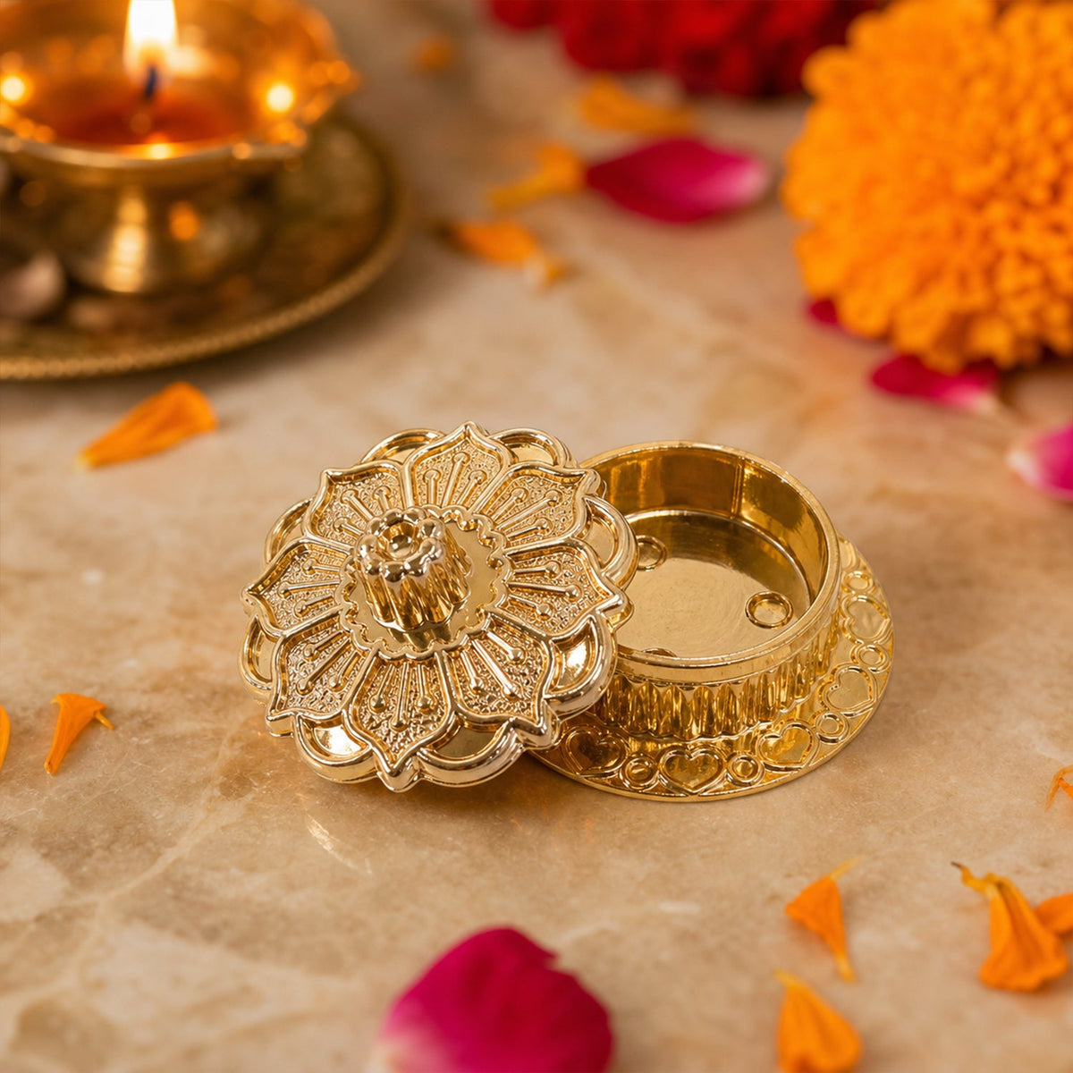 Close-up of golden decorative kankavati