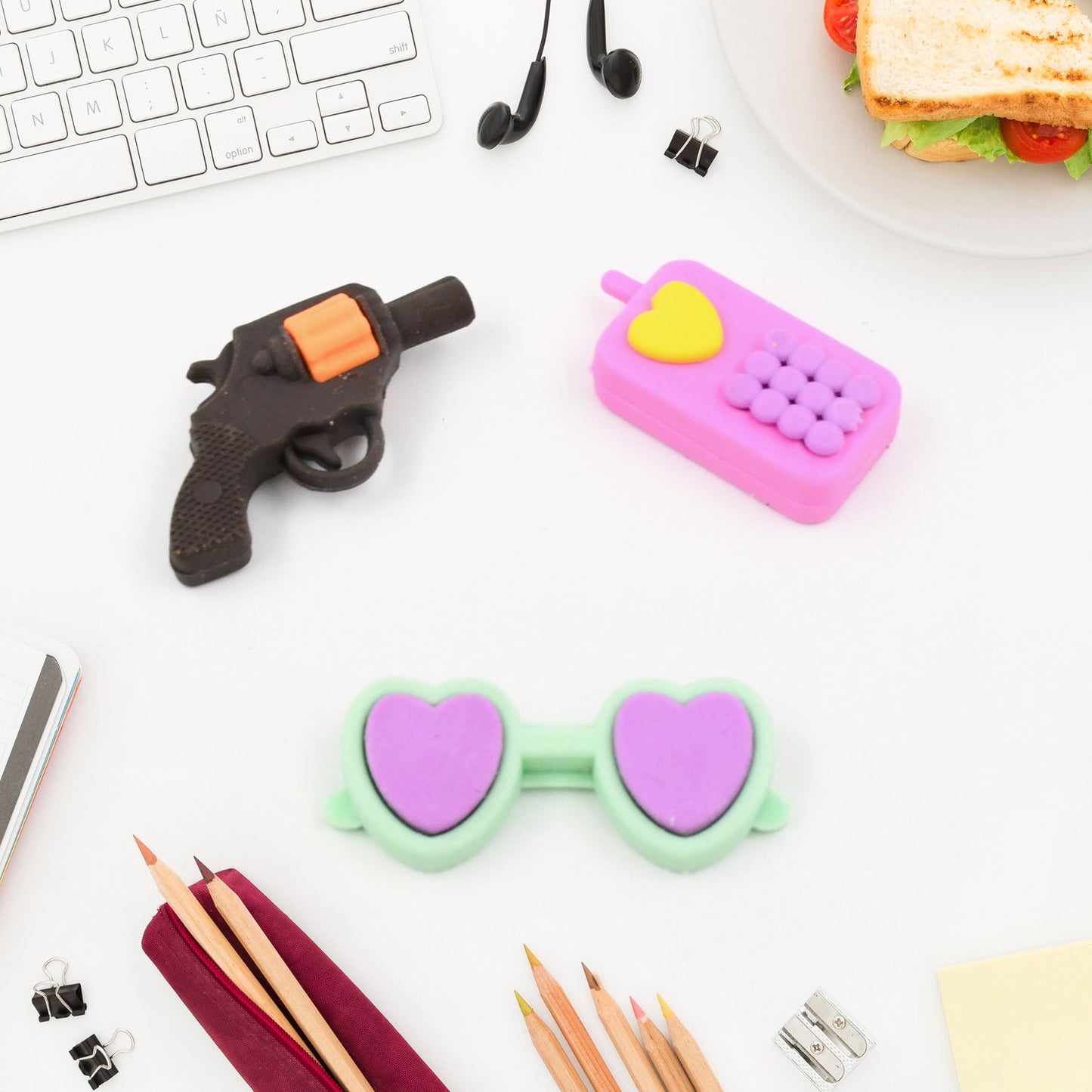A collection of fancy erasers for children, showcasing diverse and playful designs.