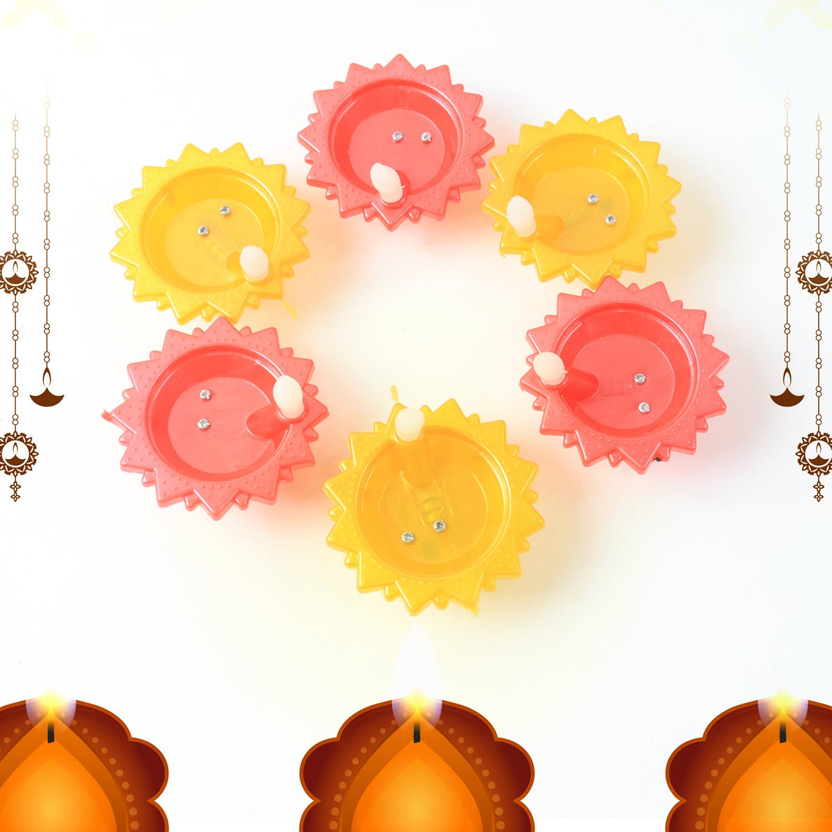 Close up of battery powered water sensor LED diya in use