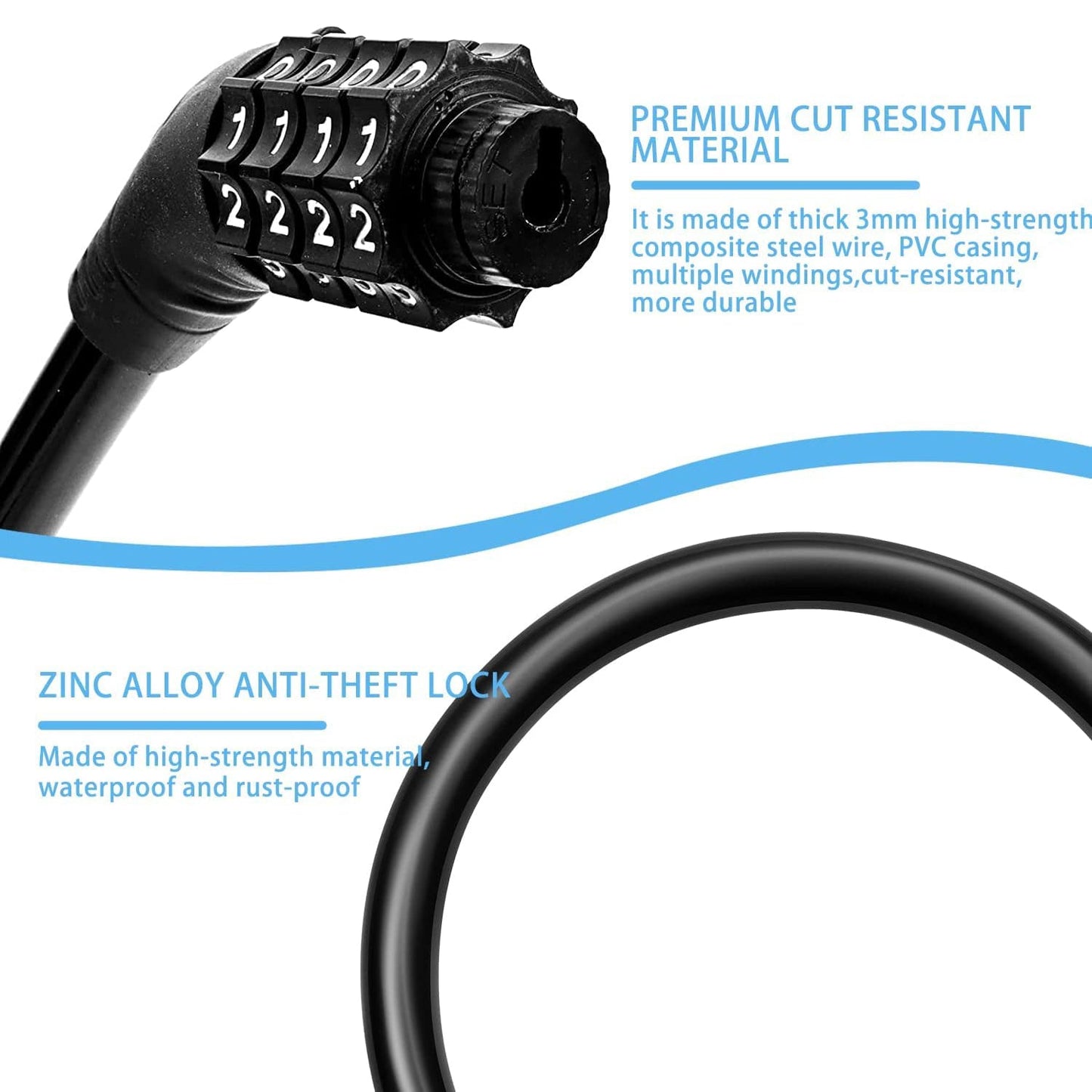 Bicycle lock cable with durable 4-digit combination dial