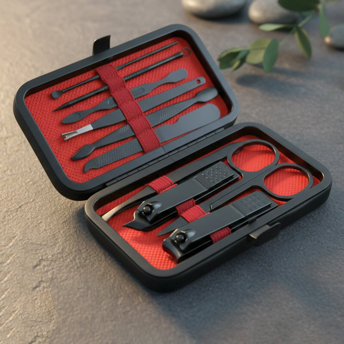 Complete 10-in-1 manicure grooming tools neatly arranged inside case