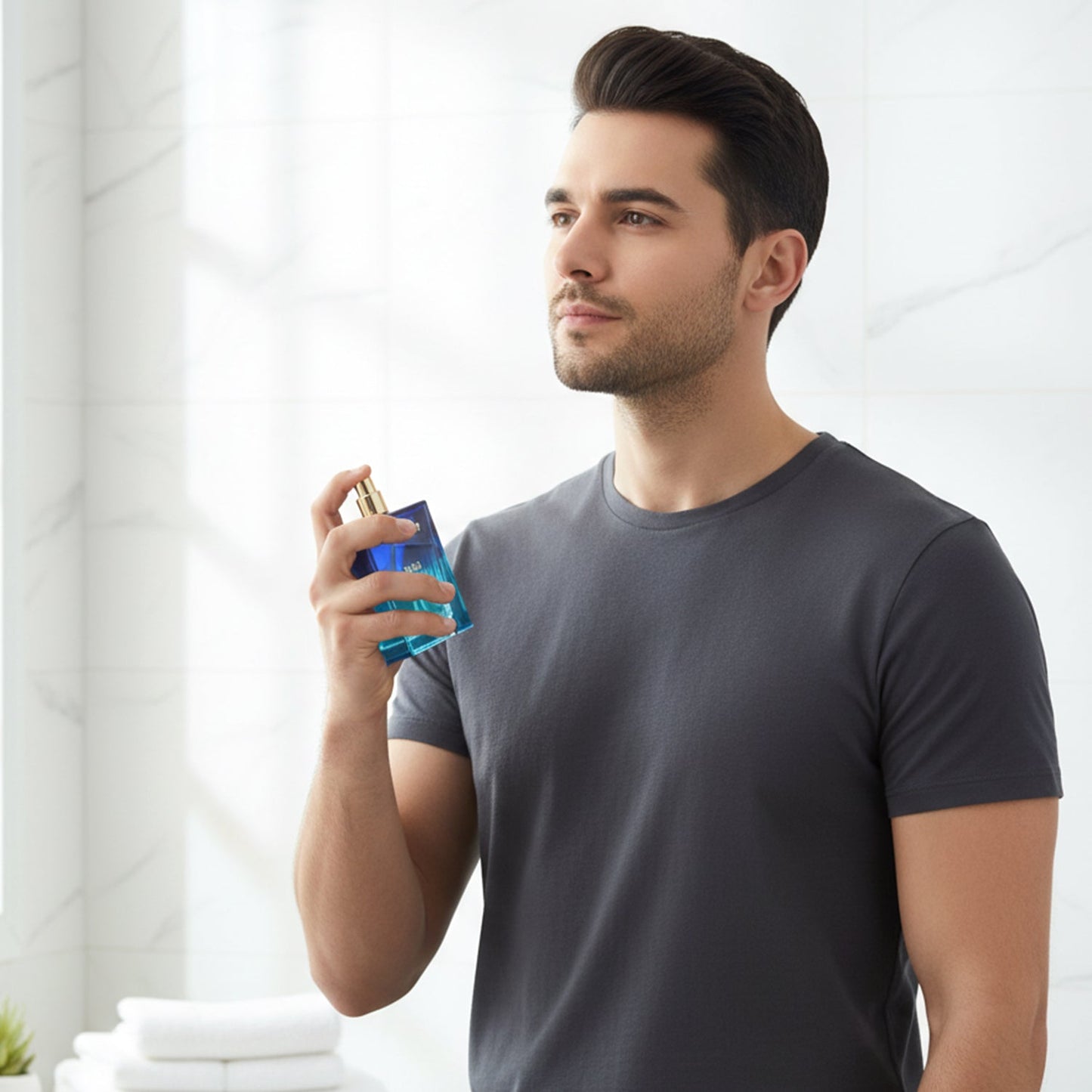 Men's fragrance spray bottle in stylish blue design