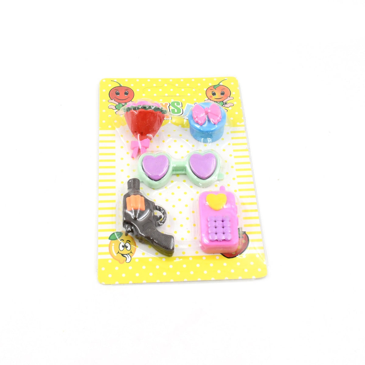 Cute eraser set with multiple designs, including food and animal shapes for young students.