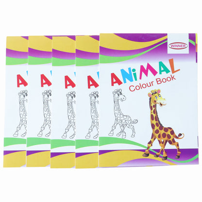 Stack of 5 colourful animal themed colouring books for kids