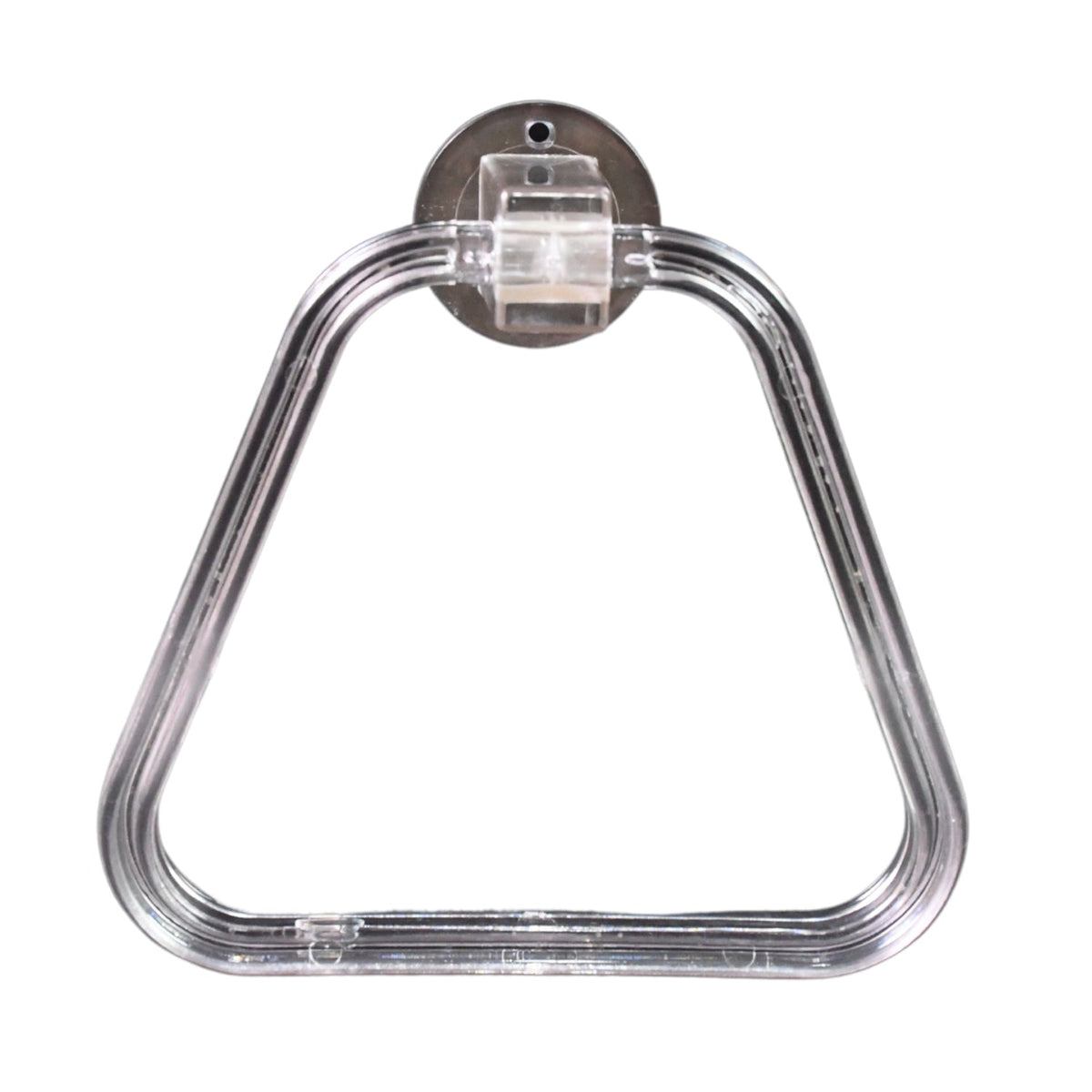 Modern bathroom setting featuring the clear square ABS towel ring holding a hand towel.