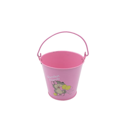 Side angle of a versatile metal planter bucket, great for home decor accents.