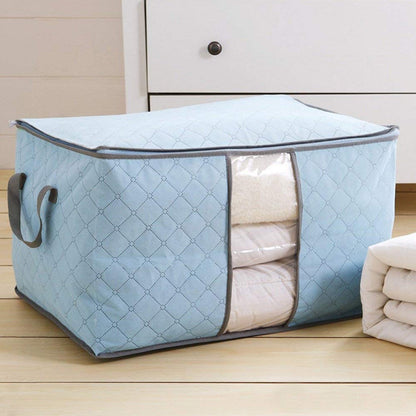 Side view of the non-woven fabric storage bag with its full zippered closure.
