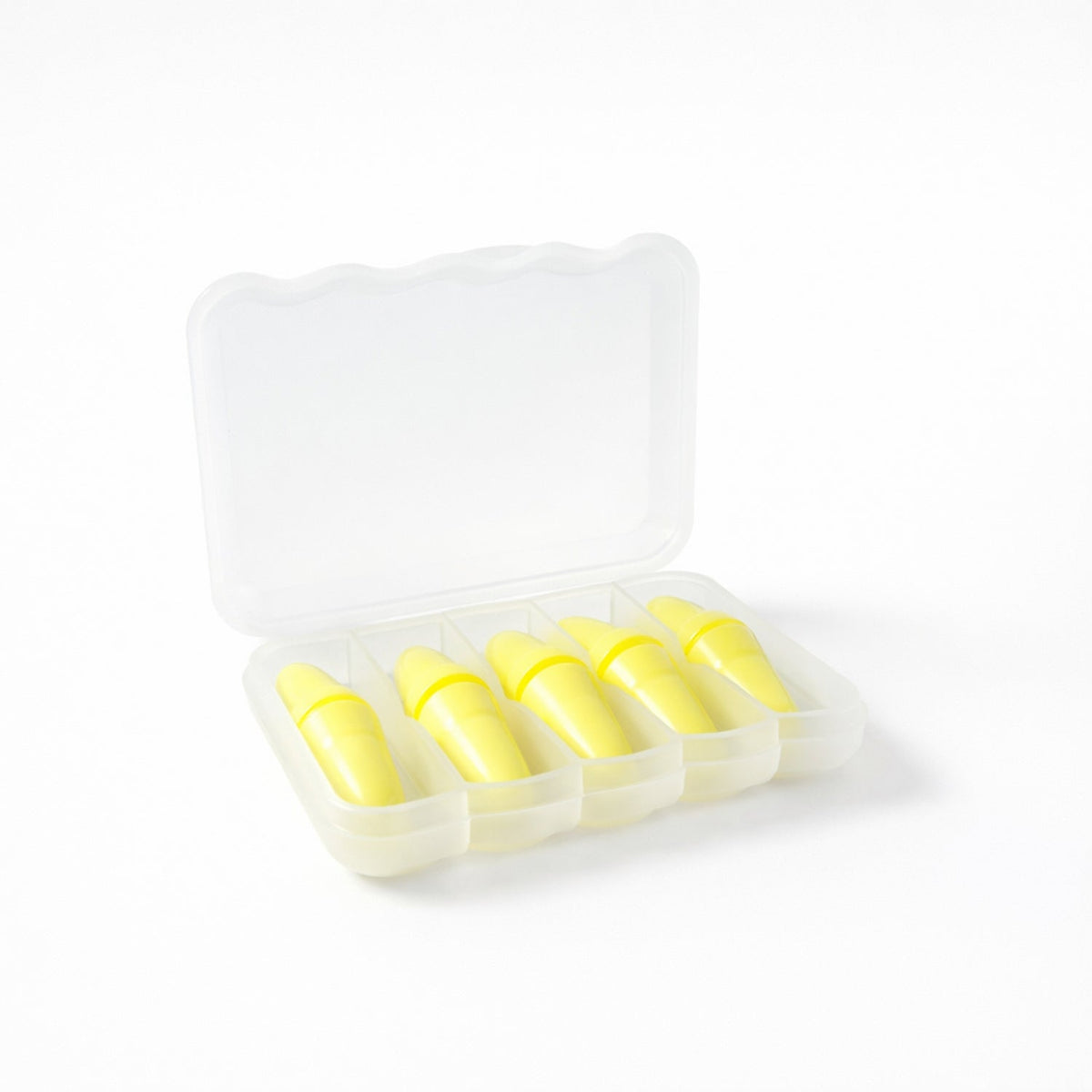 Foam ear plugs set displayed with storage case for travel convenience