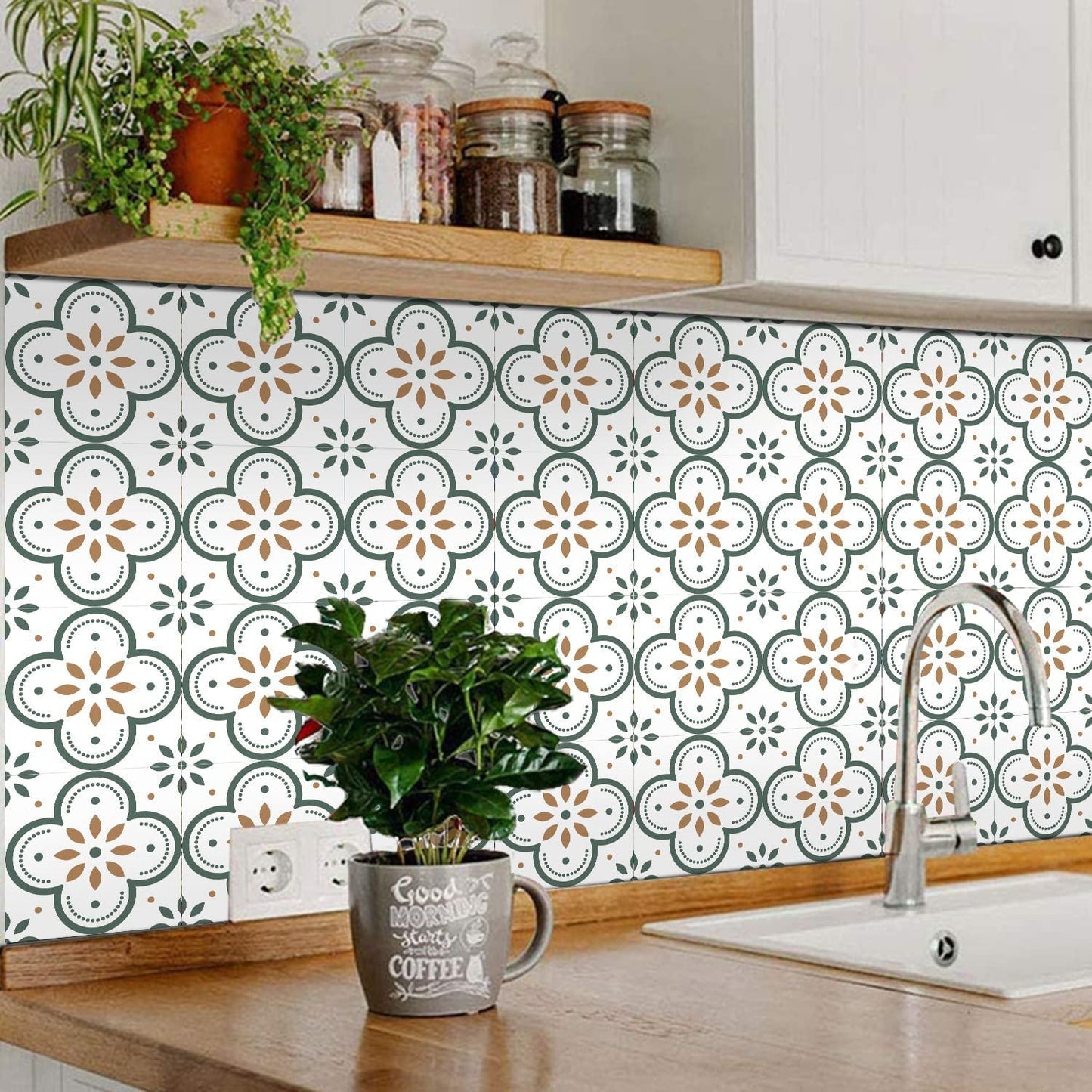 A hand applying a self-adhesive tile to a clean, flat surface.
