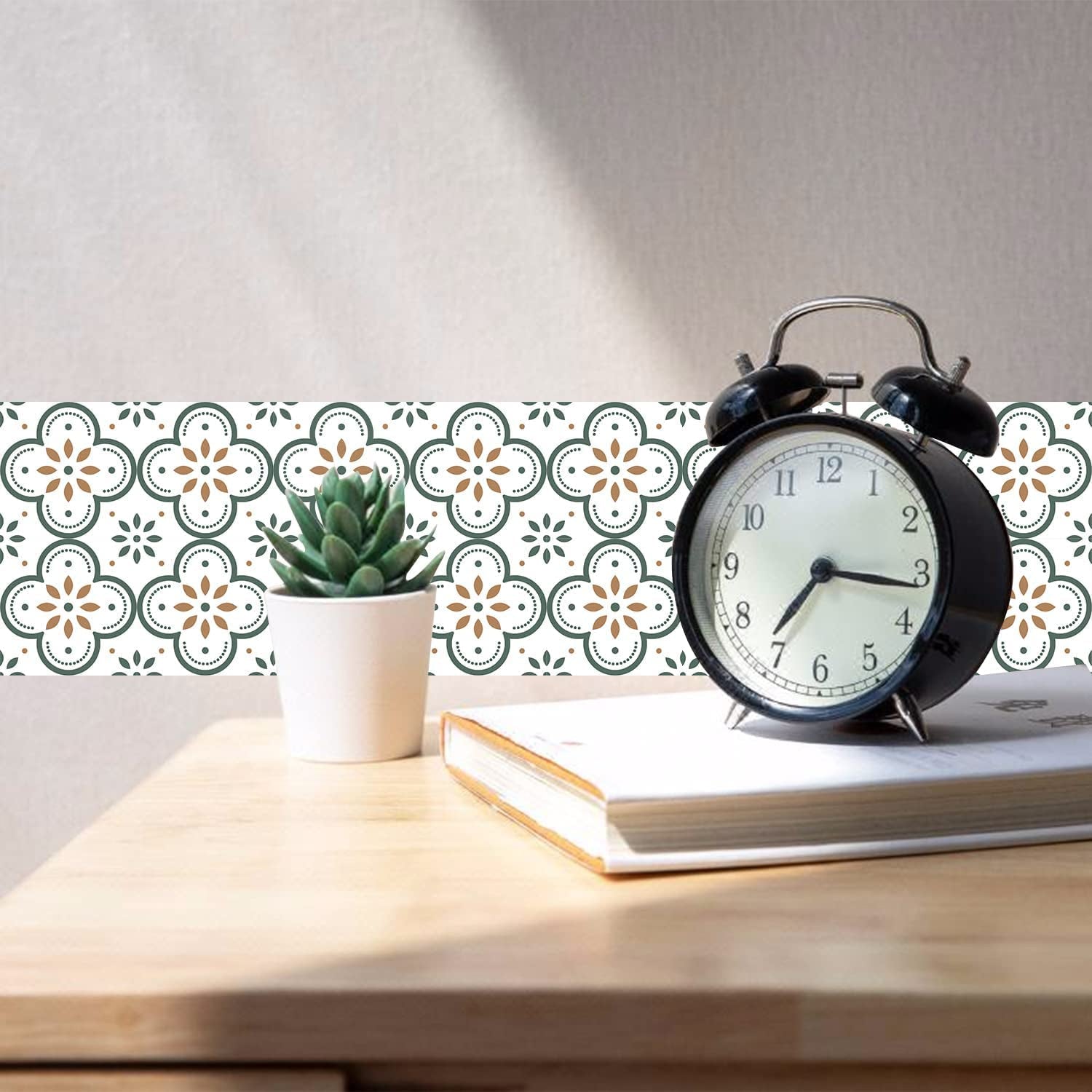Modern geometric design of detachable tile stickers enhancing a living space.