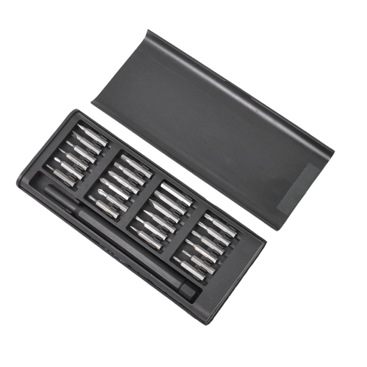 All components of the BoltForce magnetic screwdriver tool kit, including various bits and handle.
