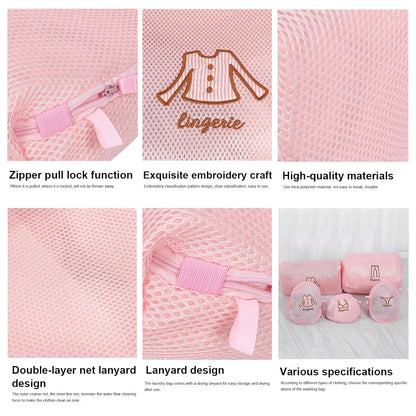 Delicate lingerie items placed inside the protective wash bag.