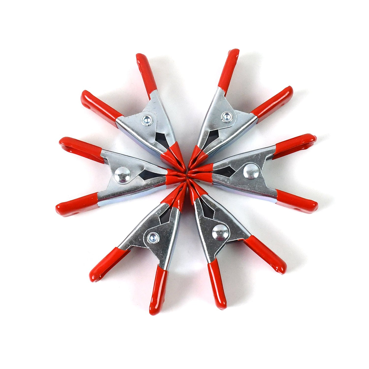 Detail of the 2-inch metal spring clamp's rotating jaw pads providing a tight, secure grip.