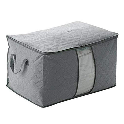 Quilted storage bag folded flat for compact storage when not in use.