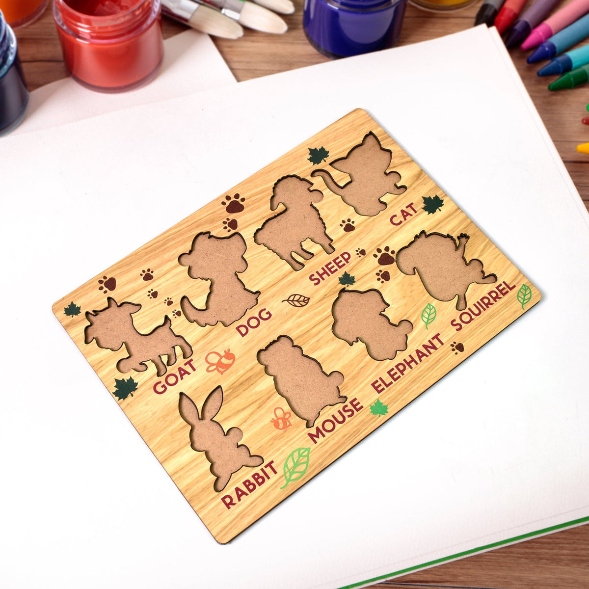 Kid-friendly wooden animal puzzle with chunky, easy-to-grasp pieces.