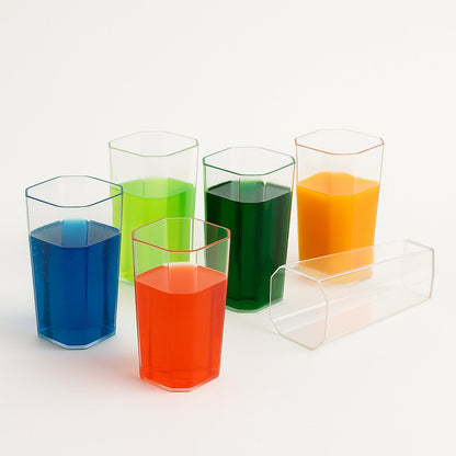 Elegant table setting with transparent plastic tumblers.