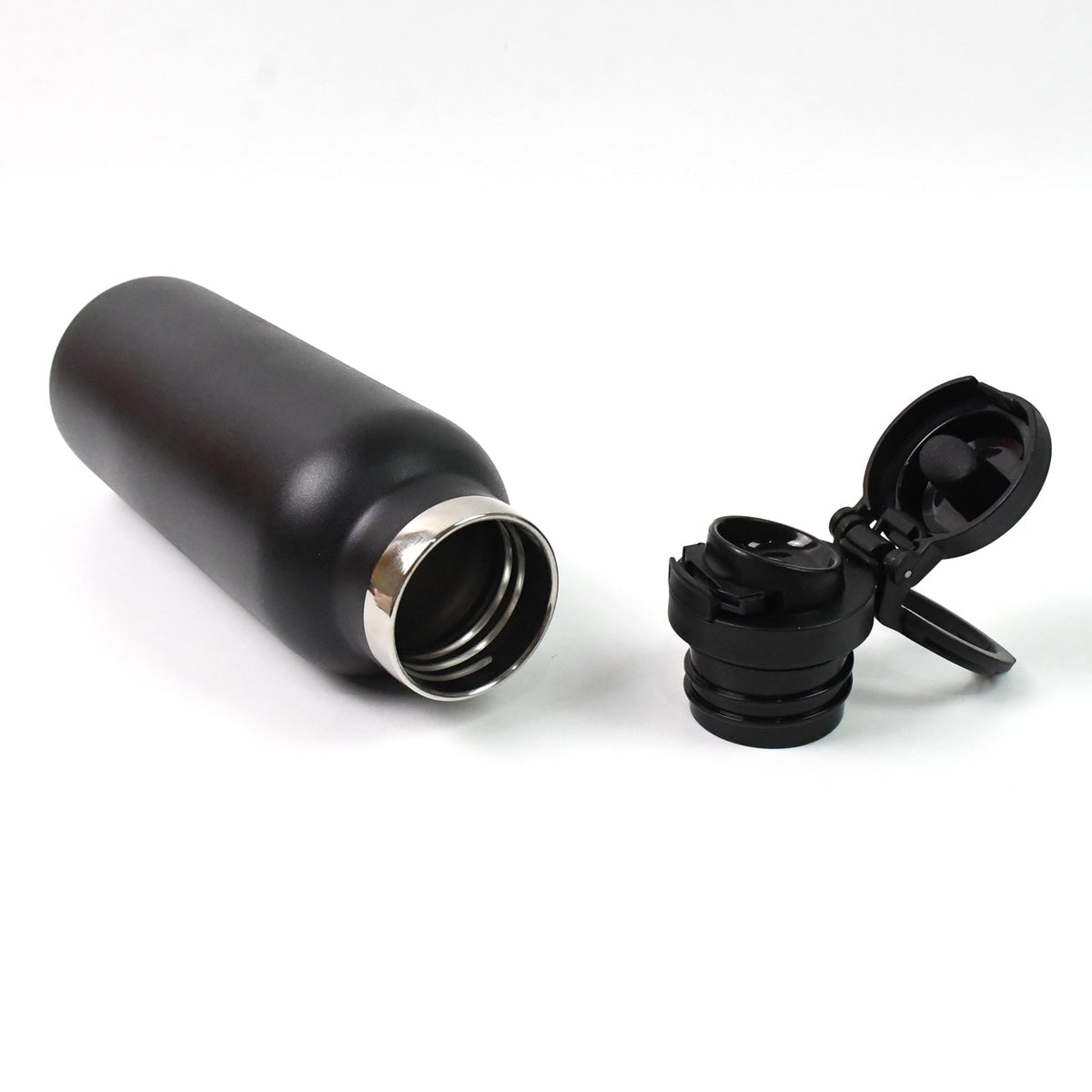 Close-up of stainless steel insulated water bottle for kids with leakproof lid