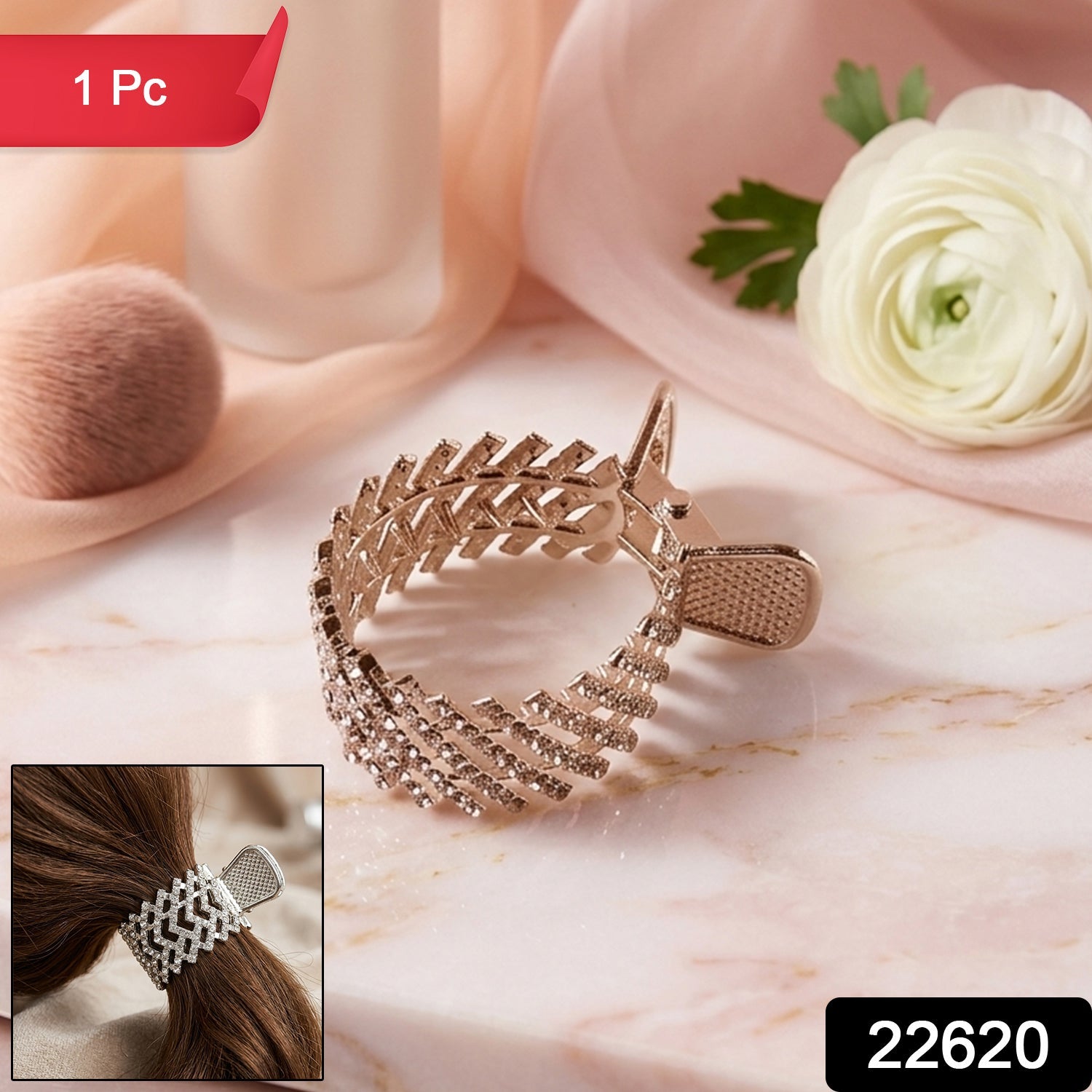 Close-up of stylish metallic hair claw clip with crystal embellishments